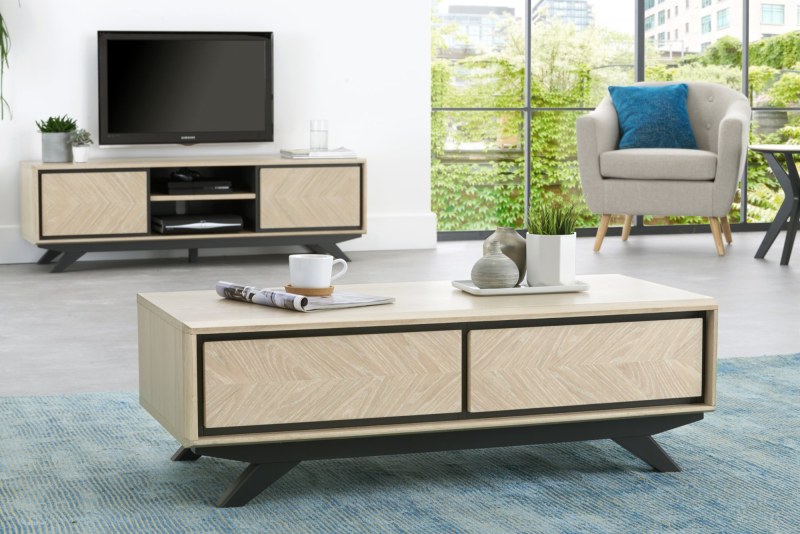 Brunel Chalk Oak & Gunmetal Coffee Table With Drawers Brunel Chalk Oak & Gunmetal Coffee Table With Drawers