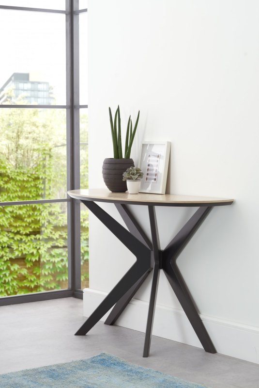 Brunel Chalk Oak & Gunmetal Console Table - Semi Elliptical Brunel Chalk Oak & Gunmetal Console Table - Semi Elliptical