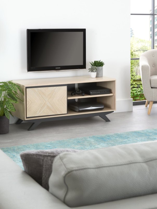 Brunel Chalk Oak & Gunmetal Narrow Entertainment Unit - Grade A1 - Ref #0026 Brunel Chalk Oak & Gunmetal Narrow Entertainment Unit - Grade A1 - Ref #0026