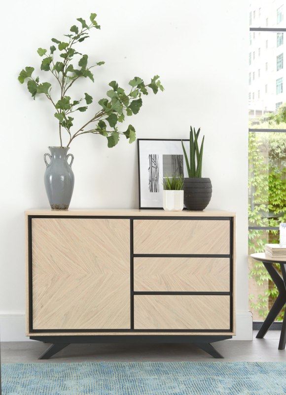 Brunel Chalk Oak & Gunmetal Narrow Sideboard Brunel Chalk Oak & Gunmetal Narrow Sideboard