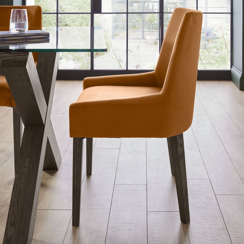 Ella Dark Oak Scoop Back Chair - Harvest Pumpkin Velvet Fabric (Pair) Ella Dark Oak Scoop Back Chair - Harvest Pumpkin Velvet Fabric (Pair)