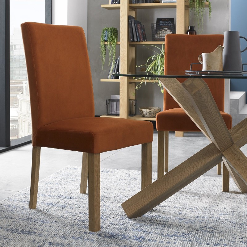 Parker Light Oak Square Back Chair - Harvest Pumpkin Velvet Fabric (Single) - Grade A1 - Ref #0130 Parker Light Oak Square Back Chair - Harvest Pumpkin Velvet Fabric (Single) - Grade A1 - Ref #0130