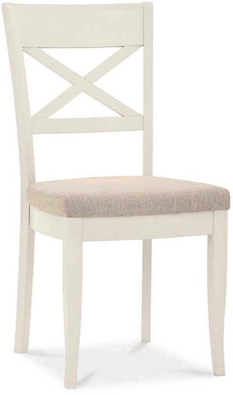 Ashley Antique White X Back Chair - Sand Colour Fabric (Single) - Grade A2 - Ref #0002 Ashley Antique White X Back Chair - Sand Colour Fabric (Single) - Grade A2 - Ref #0002