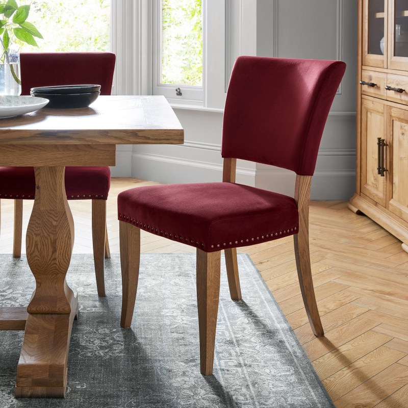 Charleston Rustic Oak Uph Chair - Crimson Velvet Fabric (Pair) Charleston Rustic Oak Uph Chair - Crimson Velvet Fabric (Pair)