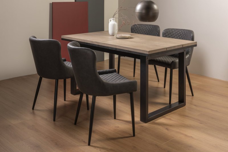 Faro Weathered Oak 4-6 Seater Table & 4 Kent Dark Grey Faux Leather Chairs - Black Legs Faro Weathered Oak 4-6 Seater Table & 4 Kent Dark Grey Faux Leather Chairs - Black Legs