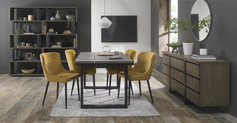 Faro Weathered Oak 4-6 Seater Table & 4 Kent Mustard Velvet Chairs - Black Legs Faro Weathered Oak 4-6 Seater Table & 4 Kent Mustard Velvet Chairs - Black Legs