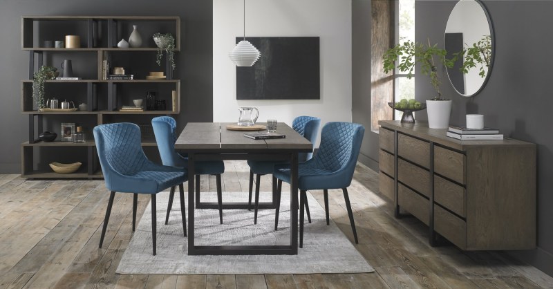 Faro Weathered Oak 4-6 Seater Table & 4 Kent Petrol Blue Velvet Chairs - Black Legs Faro Weathered Oak 4-6 Seater Table & 4 Kent Petrol Blue Velvet Chairs - Black Legs