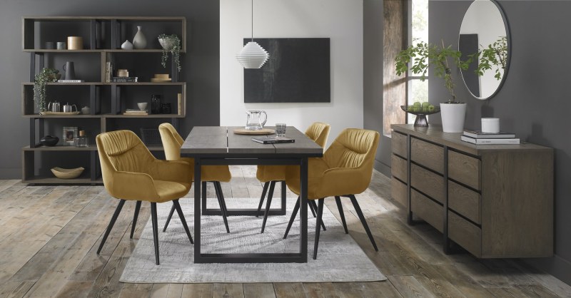Faro Weathered Oak 4-6 Seater Table & 4 Oxford Mustard Velvet Chairs Faro Weathered Oak 4-6 Seater Table & 4 Oxford Mustard Velvet Chairs