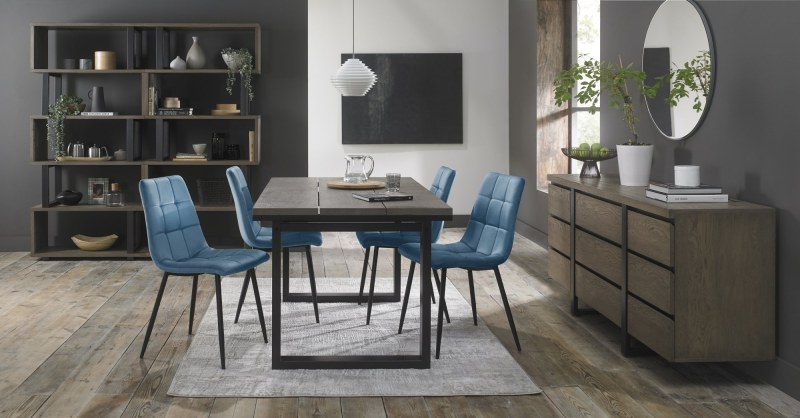 Faro Weathered Oak 4-6 Seater Table & 4 Mondrian Petrol Blue Chairs Faro Weathered Oak 4-6 Seater Table & 4 Mondrian Petrol Blue Chairs