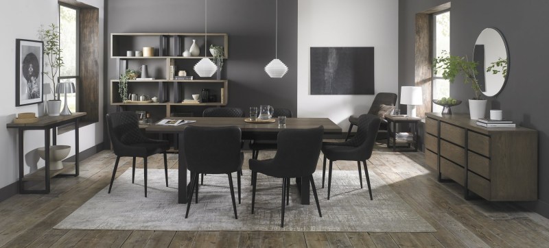 Faro Weathered Oak 6-8 Seater Table & 6 Kent Dark Grey Faux Leather Chairs - Black Legs Faro Weathered Oak 6-8 Seater Table & 6 Kent Dark Grey Faux Leather Chairs - Black Legs