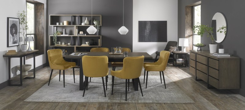 Faro Weathered Oak 6-8 Seater Table & 6 Kent Mustard Velvet Chairs - Black Legs Faro Weathered Oak 6-8 Seater Table & 6 Kent Mustard Velvet Chairs - Black Legs