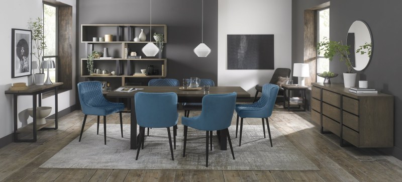 Faro Weathered Oak 6-8 Seater Table & 6 Kent Petrol Blue Velvet Chairs - Black Legs Faro Weathered Oak 6-8 Seater Table & 6 Kent Petrol Blue Velvet Chairs - Black Legs