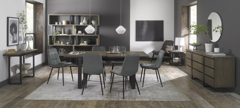 Faro Weathered Oak 6-8 Seater Table & 6 Mondrian Grey Velvet Chairs Faro Weathered Oak 6-8 Seater Table & 6 Mondrian Grey Velvet Chairs