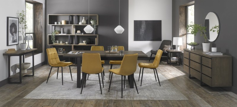 Faro Weathered Oak 6-8 Seater Table & 6 Mondrian Mustard Velvet Chairs Faro Weathered Oak 6-8 Seater Table & 6 Mondrian Mustard Velvet Chairs