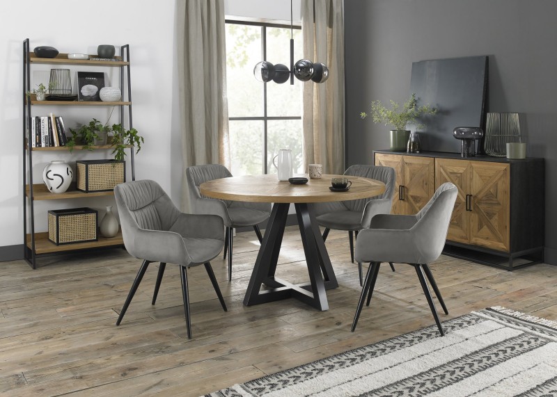 Harvey Rustic Oak 4 Seater Table & 4 Oxford Grey Velvet Chairs - Black Legs Harvey Rustic Oak 4 Seater Table & 4 Oxford Grey Velvet Chairs - Black Legs