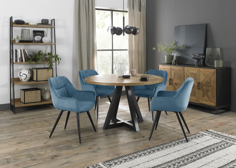 Harvey Rustic Oak 4 Seater Table & 4 Oxford Petrol Blue Velvet Chairs - Black Legs Harvey Rustic Oak 4 Seater Table & 4 Oxford Petrol Blue Velvet Chairs - Black Legs