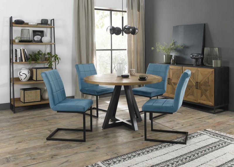 Harvey Rustic Oak 4 Seater Table & 4 Lewis Petrol Blue Velvet Cantilever Chairs Harvey Rustic Oak 4 Seater Table & 4 Lewis Petrol Blue Velvet Cantilever Chairs