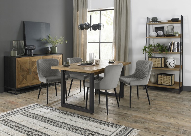 Harvey Rustic Oak 4-6 Seater Table & 4 Kent Grey Velvet Chairs - Black Legs Harvey Rustic Oak 4-6 Seater Table & 4 Kent Grey Velvet Chairs - Black Legs