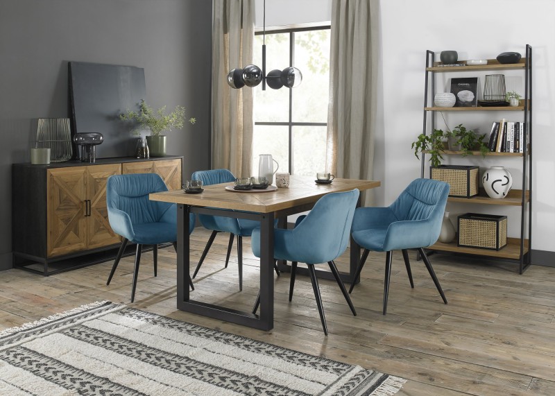 Harvey Rustic Oak 4-6 Seater Table & 4 Oxford Petrol Blue Velvet Chairs - Black Legs Harvey Rustic Oak 4-6 Seater Table & 4 Oxford Petrol Blue Velvet Chairs - Black Legs