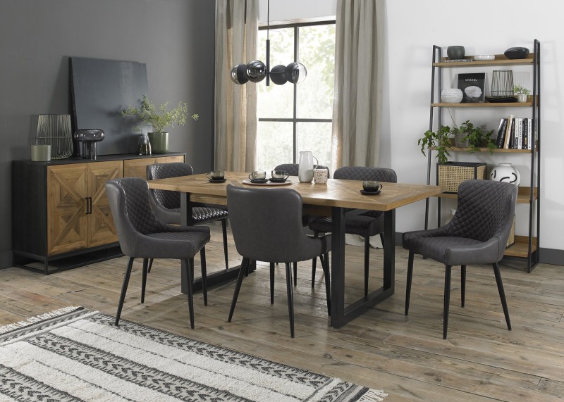Harvey Rustic Oak 6-8 Seater Table & 6 Kent Dark Grey Faux Leather Chairs - Black Legs Harvey Rustic Oak 6-8 Seater Table & 6 Kent Dark Grey Faux Leather Chairs - Black Legs