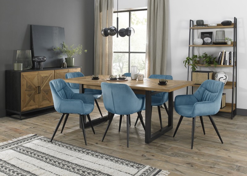 Harvey Rustic Oak 6-8 Seater Table & 6 Oxford Petrol Blue Velvet Chairs - Black Legs Harvey Rustic Oak 6-8 Seater Table & 6 Oxford Petrol Blue Velvet Chairs - Black Legs