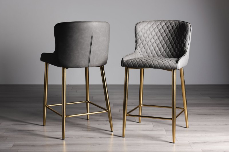 Kent - Dark Grey Faux Leather Bar Stools with Gold Legs (Pair) - Grade A3 - Ref #0318 Kent - Dark Grey Faux Leather Bar Stools with Gold Legs (Pair) - Grade A3 - Ref #0318