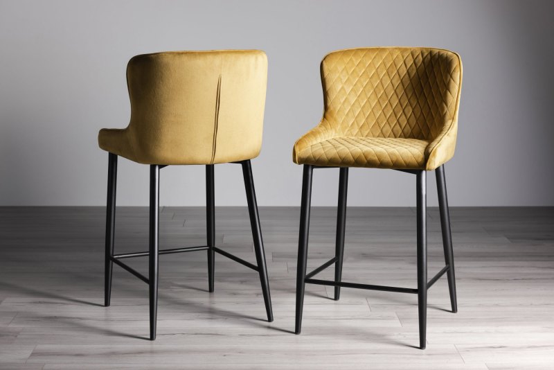 Kent - Mustard Velvet Fabric Bar Stools with Black Legs (Pair) Kent - Mustard Velvet Fabric Bar Stools with Black Legs (Pair)