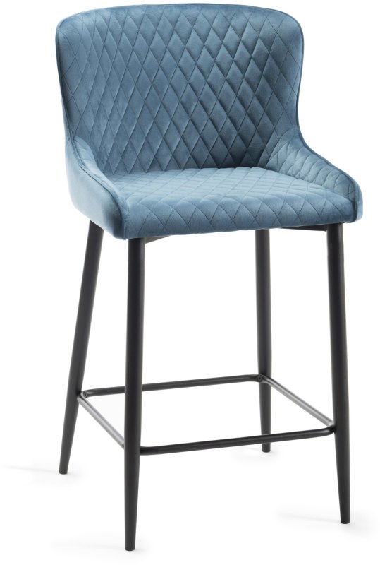 Kent - Petrol Blue Velvet Fabric Bar Stool with Black Legs (Single) - Grade A3 - Ref #0538 Kent - Petrol Blue Velvet Fabric Bar Stool with Black Legs (Single) - Grade A3 - Ref #0538