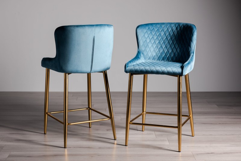 Kent - Petrol Blue Velvet Fabric Bar Stools with Gold Legs (Pair) Kent - Petrol Blue Velvet Fabric Bar Stools with Gold Legs (Pair)