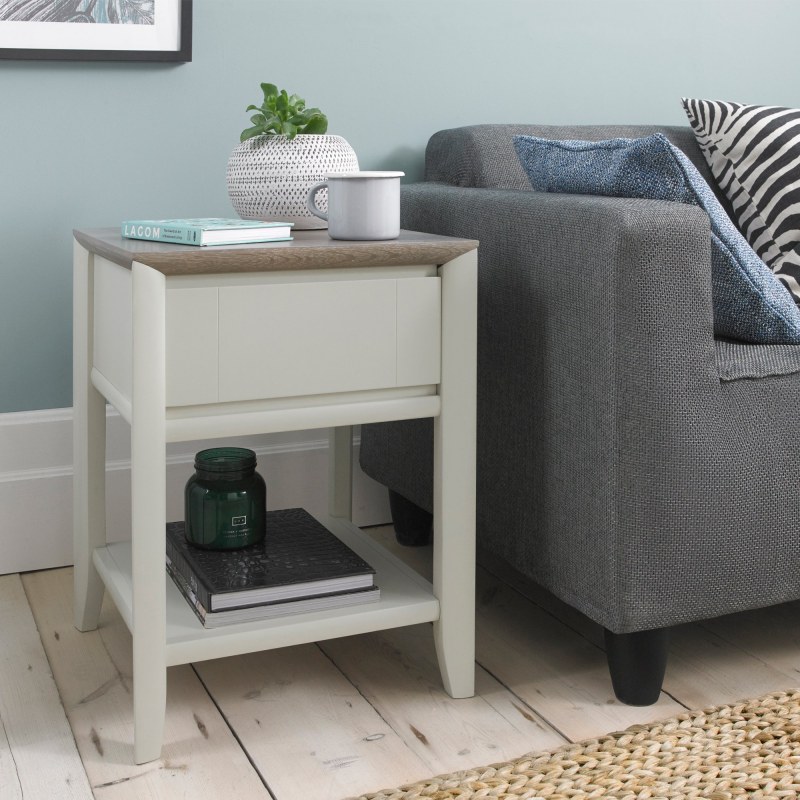 Palermo Grey Washed Oak & Soft Grey Lamp Table With Drawer Palermo Grey Washed Oak & Soft Grey Lamp Table With Drawer